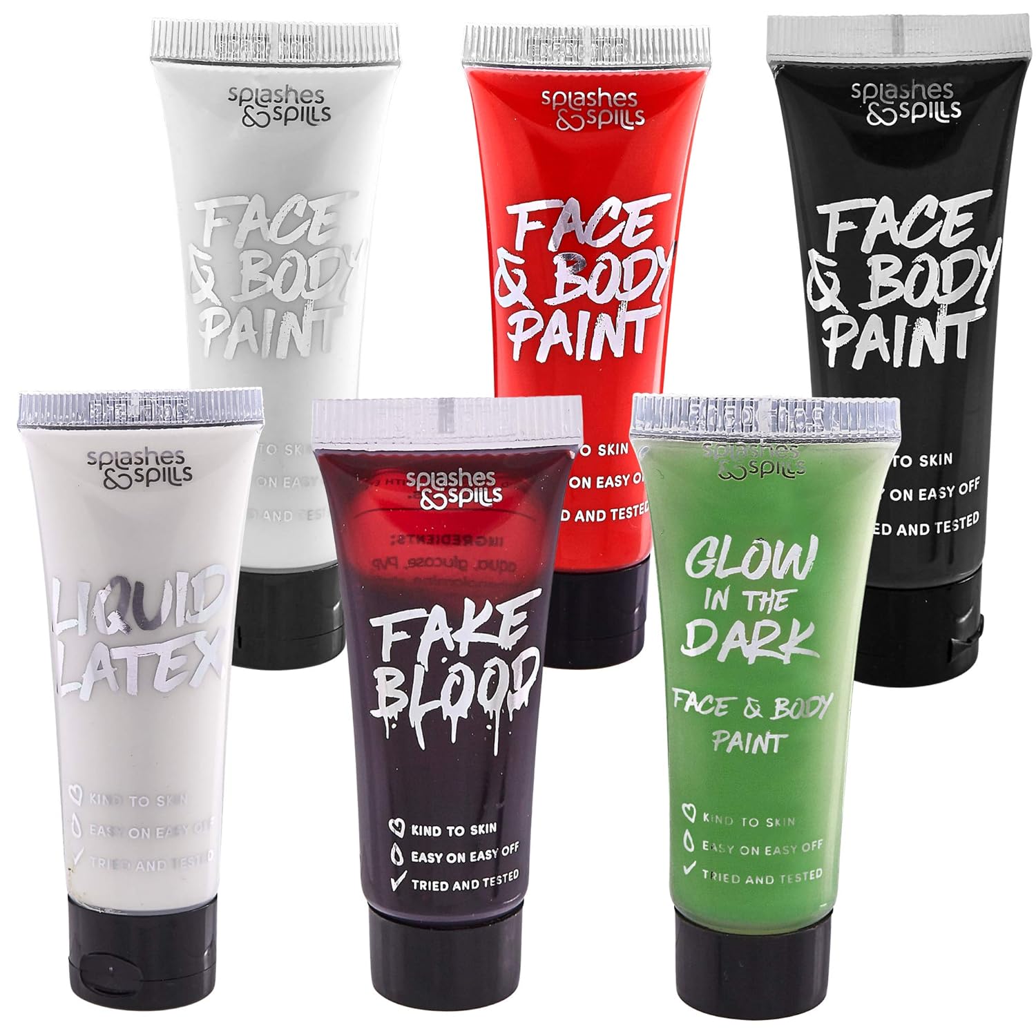 Splashes & Spills Horror FX Makeup Kit - 9 Piece Set, Halloween SFX Makeup, Face & Body Paint Perfect For Vampire, Zombie, or Ghost Looks, Includes 6 Colors Sponge, Brush, and Tutorial Guide