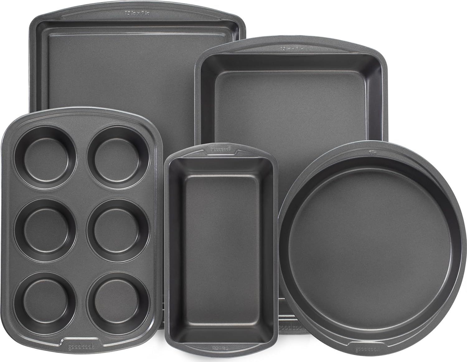 GoodCook Everyday Nonstick Steel 5-Piece Bakeware Set, Gray, Includes Cookie Sheet, Cake Pan, Loaf Pan, Muffin Pan, and Roast Pan, Durable and Scratch-Resistant Baking Set