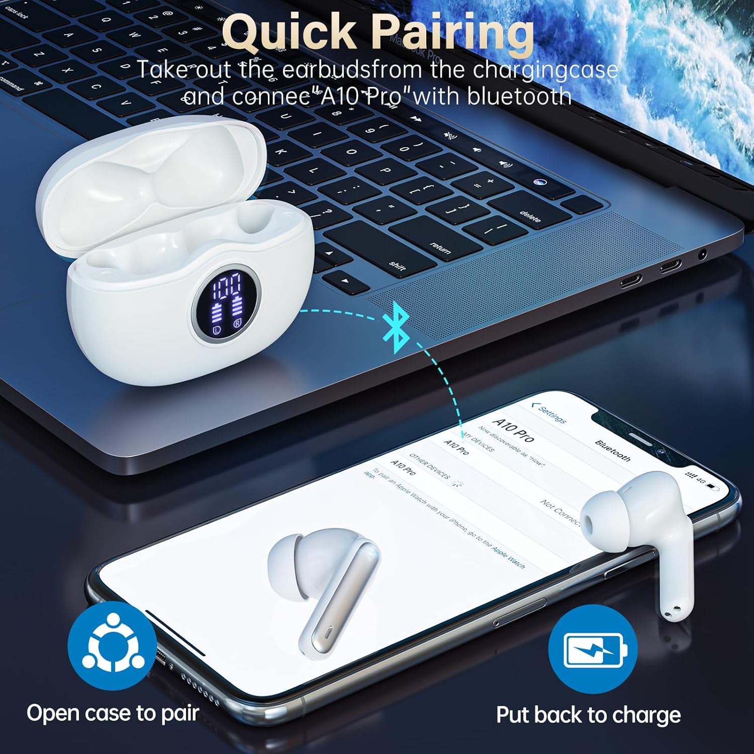 A10 Pro Wireless Earbuds, Bluetooth 5.3 Headphones HiFi Stereo 50H Playback LED Digital Display Ear Buds with ENC Noise Canceling Headset, IPX7 Waterproof Earphones for Gym/Running/Work - Image 2