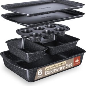 Bakken Swiss – Bakeware Set – 6 Piece – Stackable, Deluxe, Non-Stick Baking Pans for Professional and Home Cooking – Carbon Steel, Gray Stone Coating