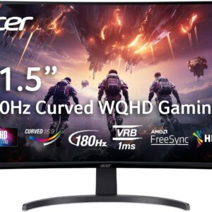 Acer Nitro 31.5 Inch WQHD 2560 x 1440 1500R Curved Gaming Monitor | AMD FreeSync | Up to 180Hz Refresh | 1ms (VRB) | Tilt | One Display Port 1.4 & Two HDMI 2.0 | EDA323QU S3bmiiphx