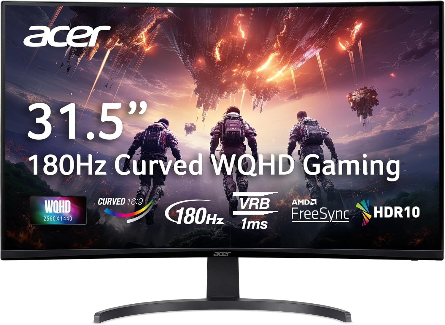 Acer Nitro 31.5 Inch WQHD 2560 x 1440 1500R Curved Gaming Monitor | AMD FreeSync | Up to 180Hz Refresh | 1ms (VRB) | Tilt | One Display Port 1.4 & Two HDMI 2.0 | EDA323QU S3bmiiphx