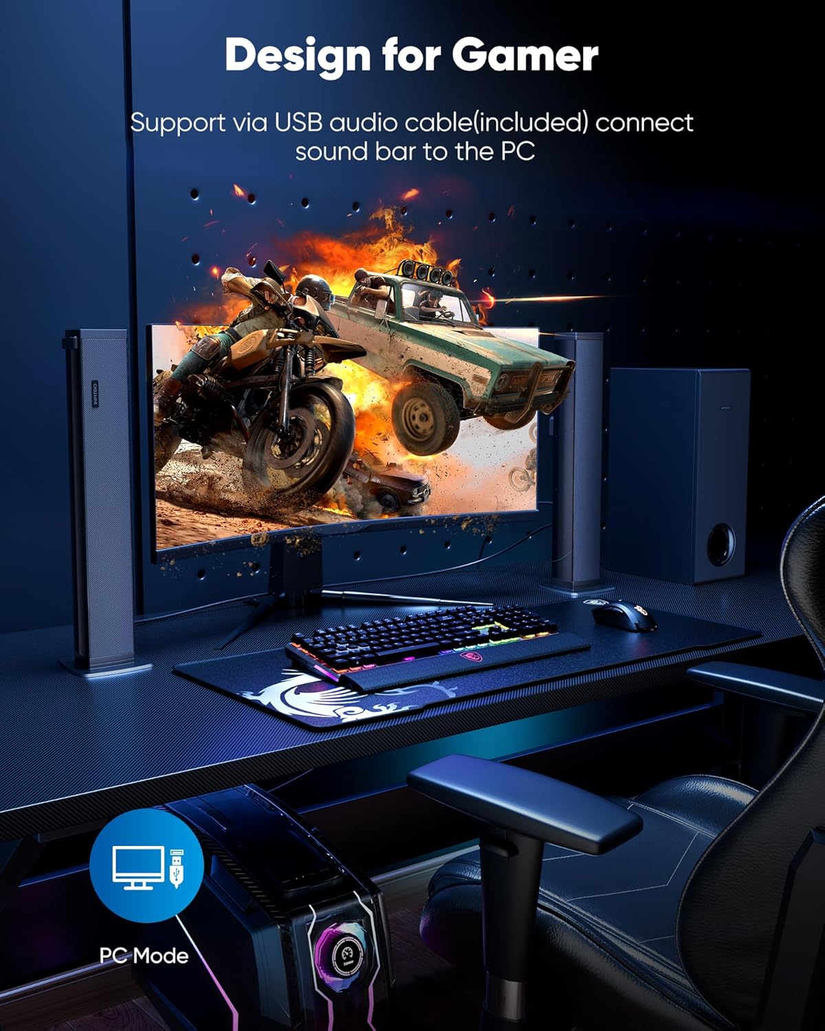 Sound Bar for Smart TV 2.1CH 190W Peak Power Soundbar with Subwoofer Detachable 2-in-1 BT 5.4 Surround Sound System 12L Deep Bass for PC Game with HD-ARC/Opt/USB/AUX Home Theater - Image 5