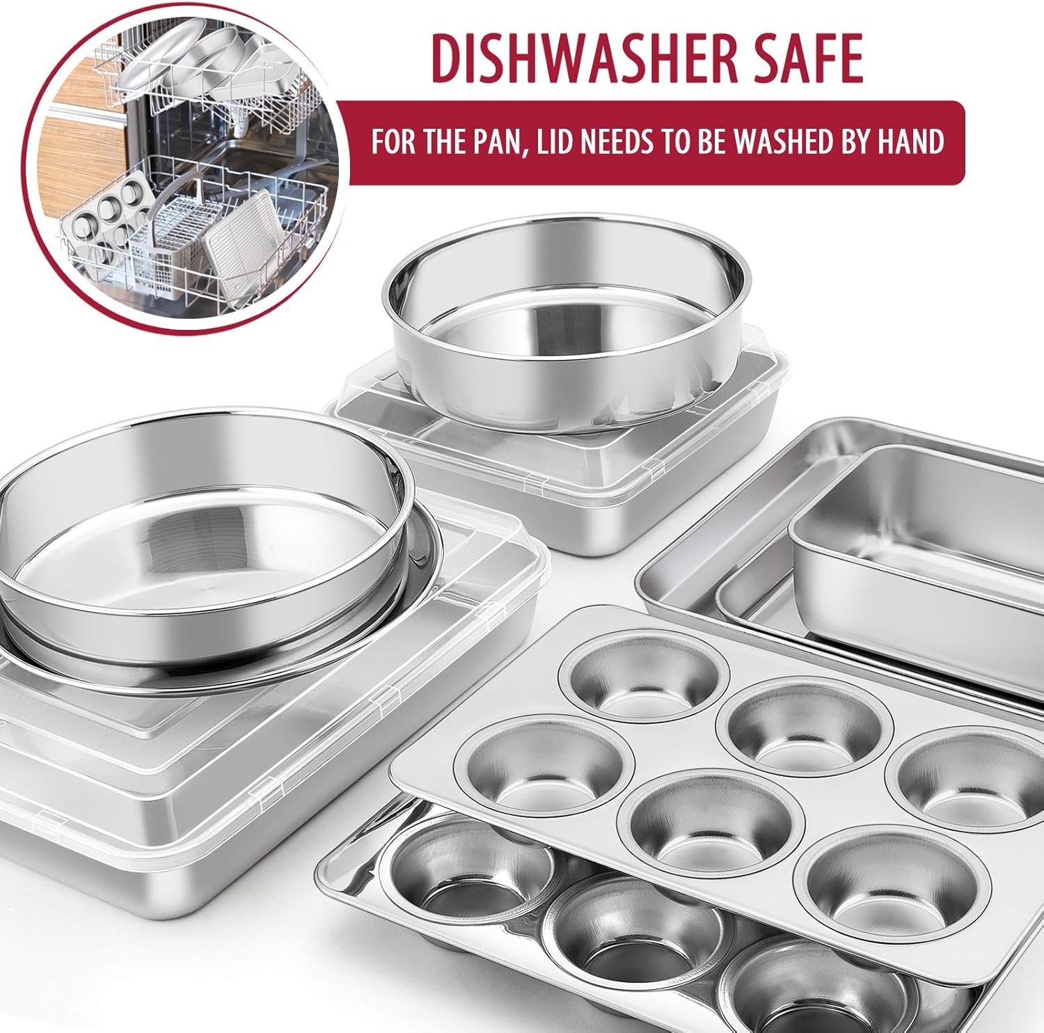 E-far 12-Piece Stainless Steel Bakeware Sets, Metal Baking Pan Set Include Round Cake Pans, Square/Rectangle Baking Pans with Lids, Cookie Sheet, Loaf/Muffin/Pizza Pan, Non-toxic & Dishwasher Safe - Image 7
