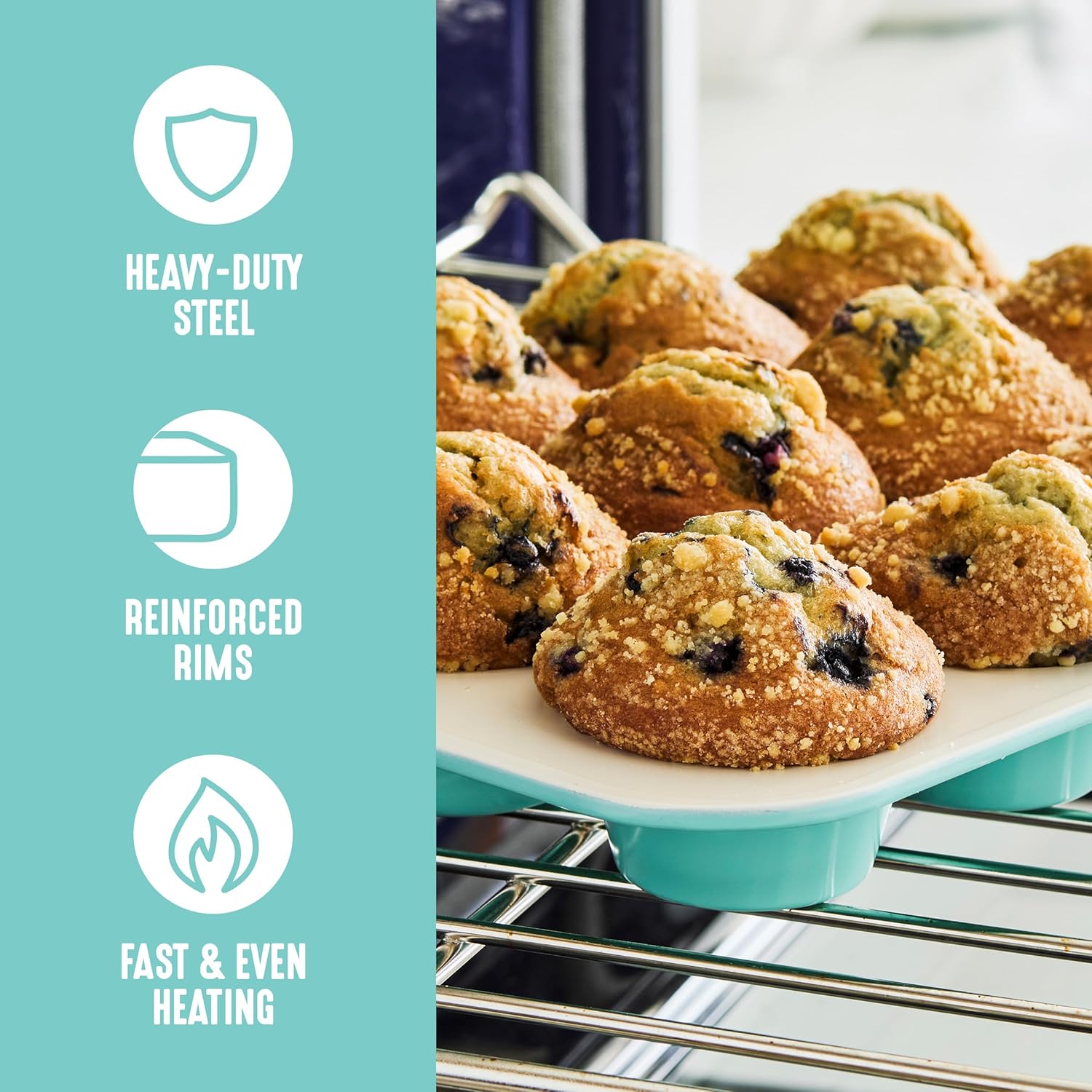 GreenLife 6 Piece Nonstick Bakeware Set, Non-Toxic PFAS-Free Ceramic Oven Pans, Dishwasher & Oven Safe to 450°F, Easy Release Baking Sheet, Loaf Pan, Rectangle & Round Cake, Muffin Pan, Turquoise - Image 5