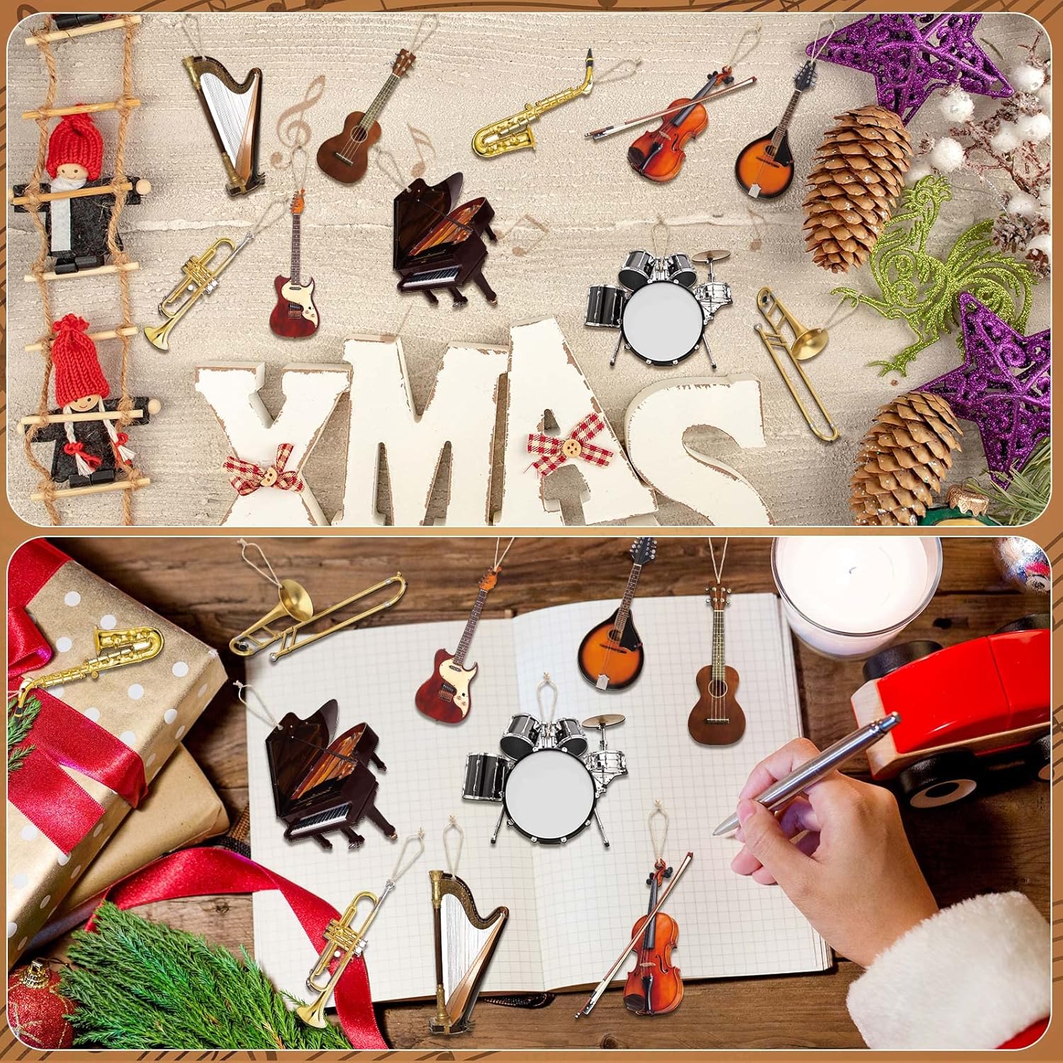 Yalikop 30 Pcs Christmas Musical Instrument Wooden Ornaments Replica Instrument Christmas Ornament Piano Drum Harp Trombone Horn Violin Guitar Musical Ornaments for Xmas Tree Home Decor - Image 7