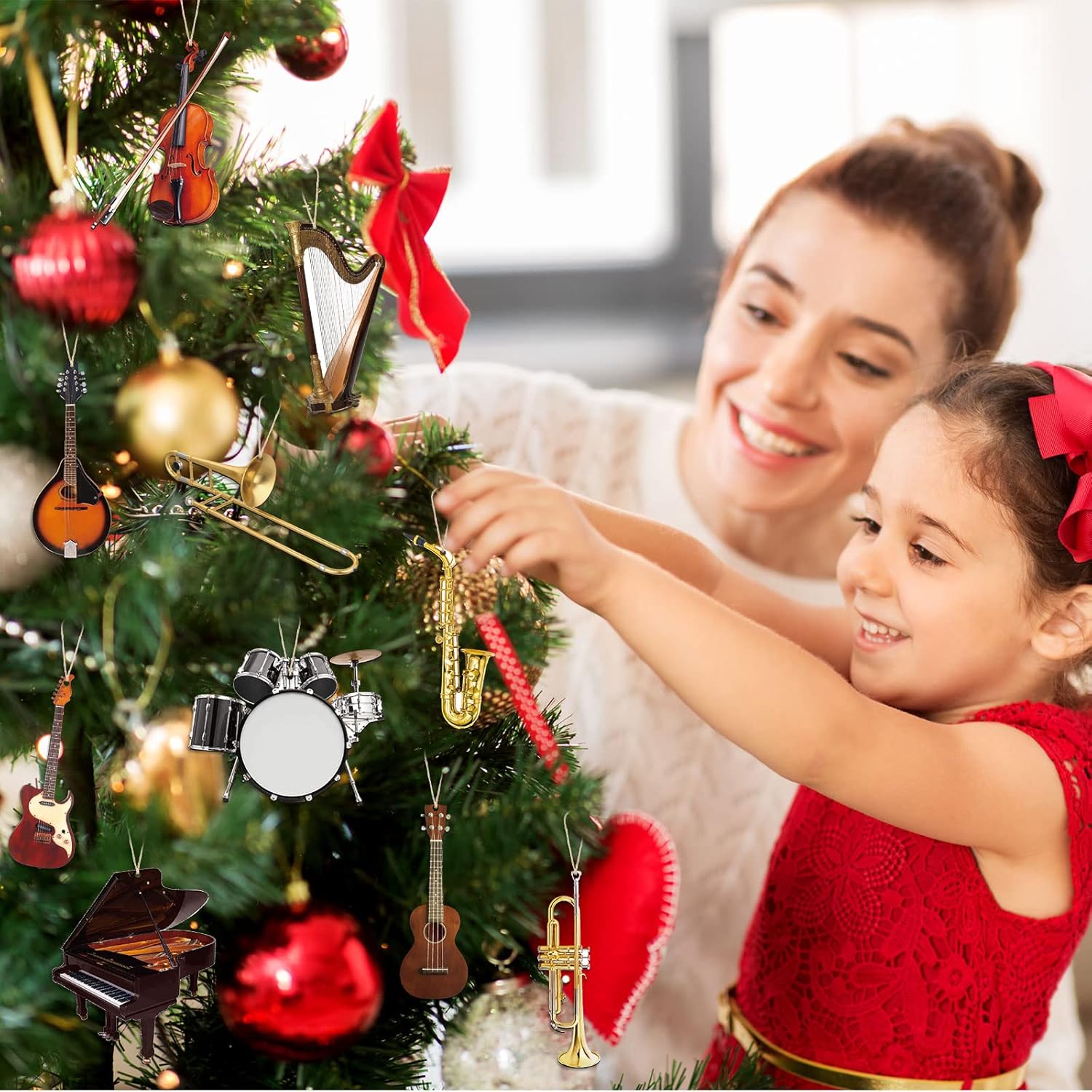 Yalikop 30 Pcs Christmas Musical Instrument Wooden Ornaments Replica Instrument Christmas Ornament Piano Drum Harp Trombone Horn Violin Guitar Musical Ornaments for Xmas Tree Home Decor - Image 4