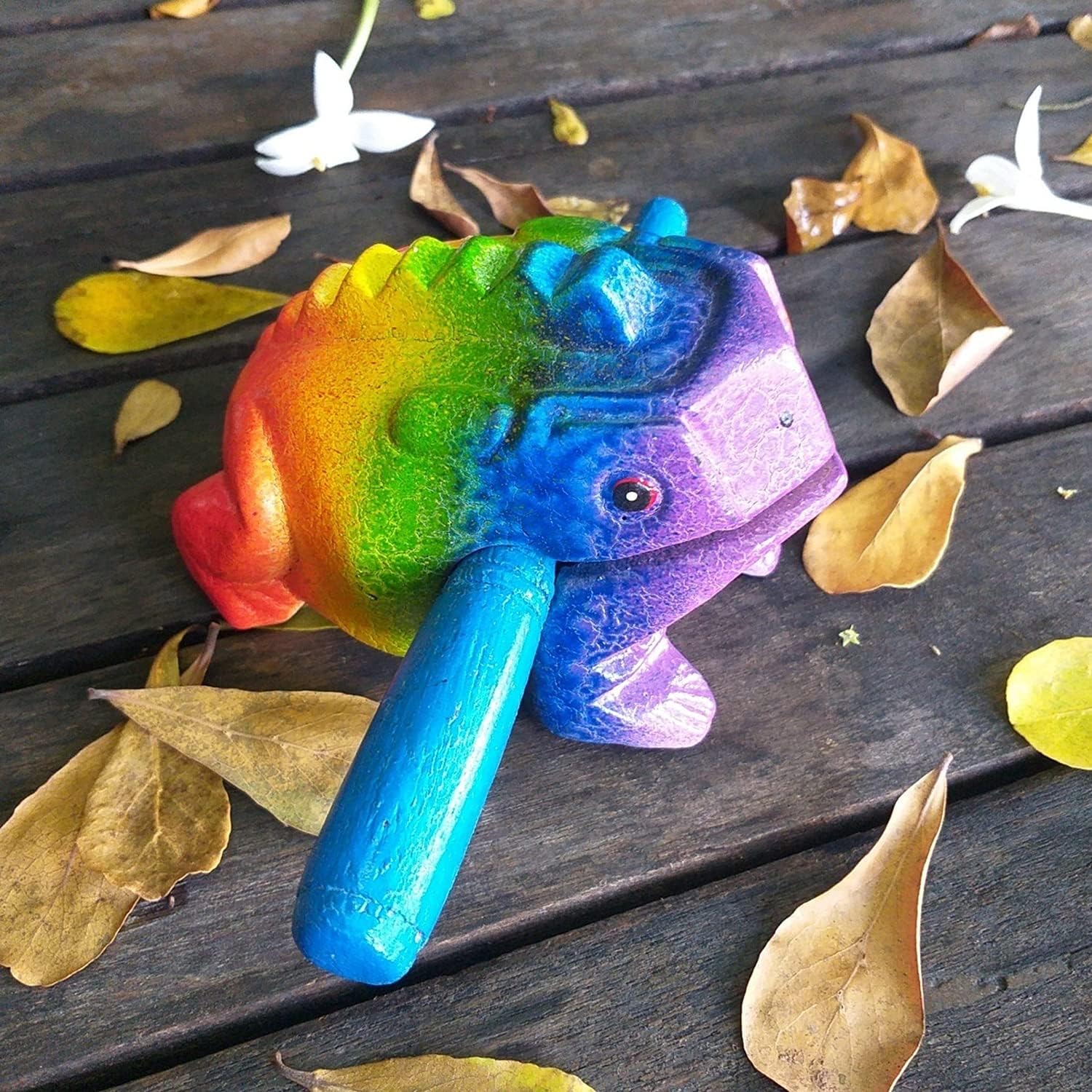 5" Wooden Frog Percussion Instrument - Guiro Rasp Tone Block Thailand Handcraft Musical Lucky Frog Home Office Decoration Nice Gift (Rainbow) - Image 3