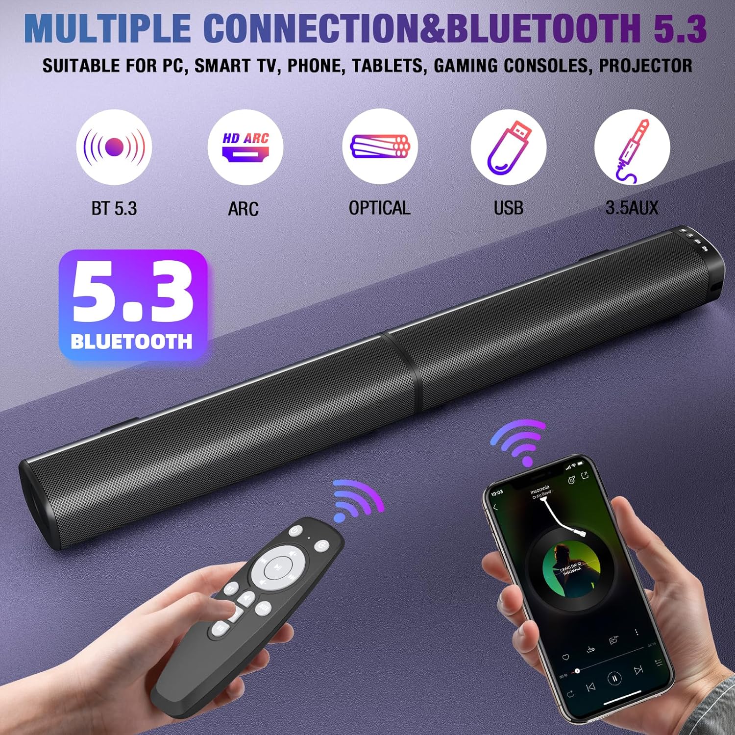 Sound Bar, 100W Sound Bar for Smart TV, Bluetooth 5.3 Soundbar, 2 in 1 Detachable Home Speaker Bass Effect, Home Theater Surround Sound, ARC/Optical/AUX/USB Connections, for TV/PC/Projectors - Image 2