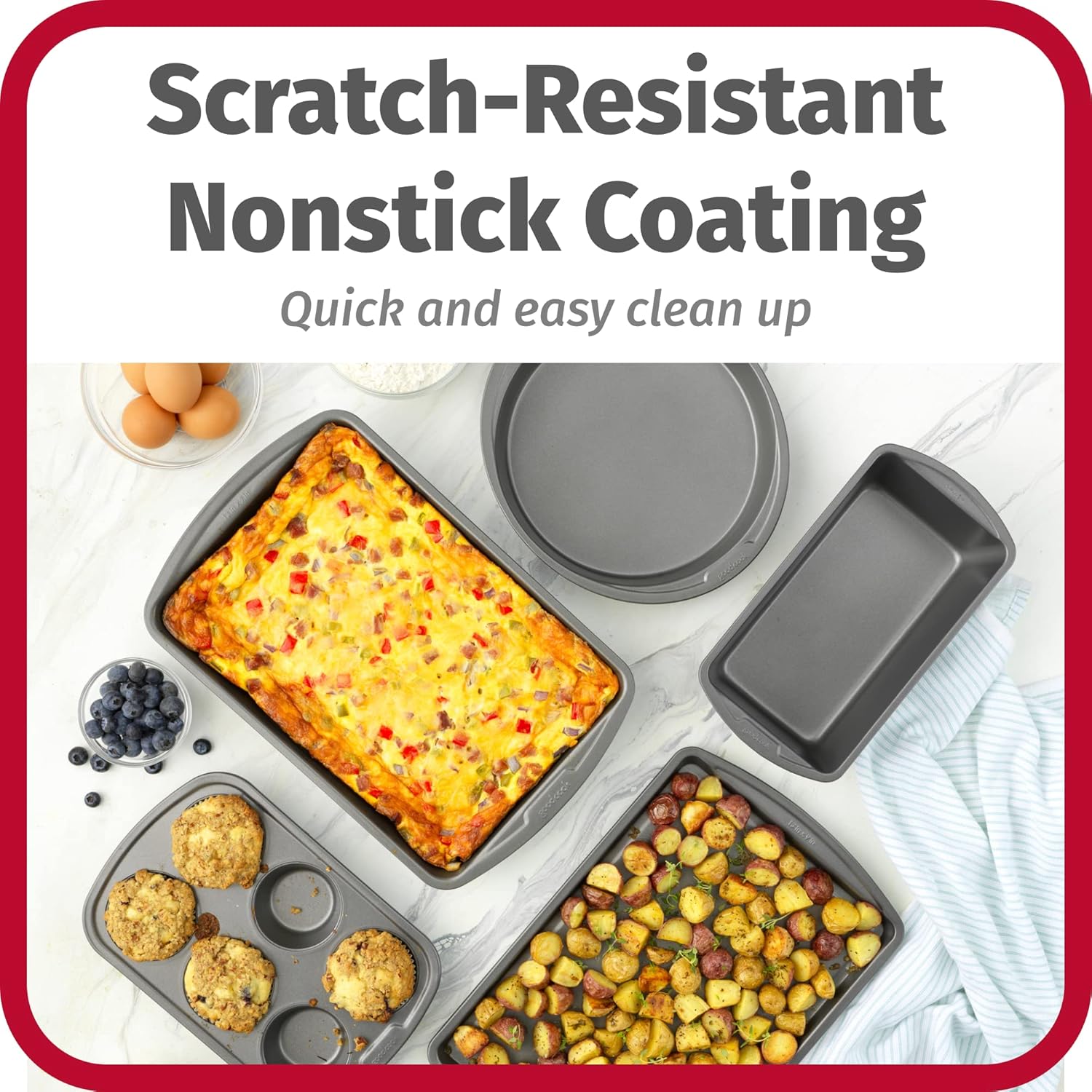 GoodCook Everyday Nonstick Steel 5-Piece Bakeware Set, Gray, Includes Cookie Sheet, Cake Pan, Loaf Pan, Muffin Pan, and Roast Pan, Durable and Scratch-Resistant Baking Set - Image 5