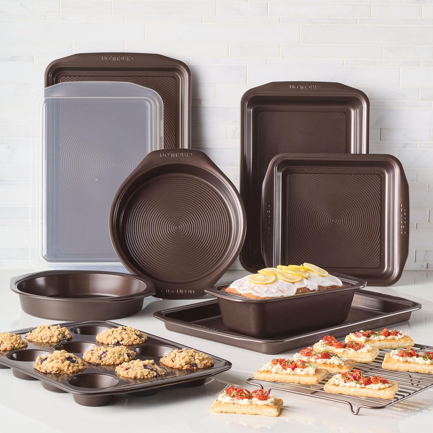 Circulon Nonstick Bakeware Set with Nonstick Bread Pan, Baking Pans, Baking Sheets, Cookie Sheets, Cake Pan and Muffin Pan / Cupcake Pan - 10 Piece, Chocolate Brown - Image 2