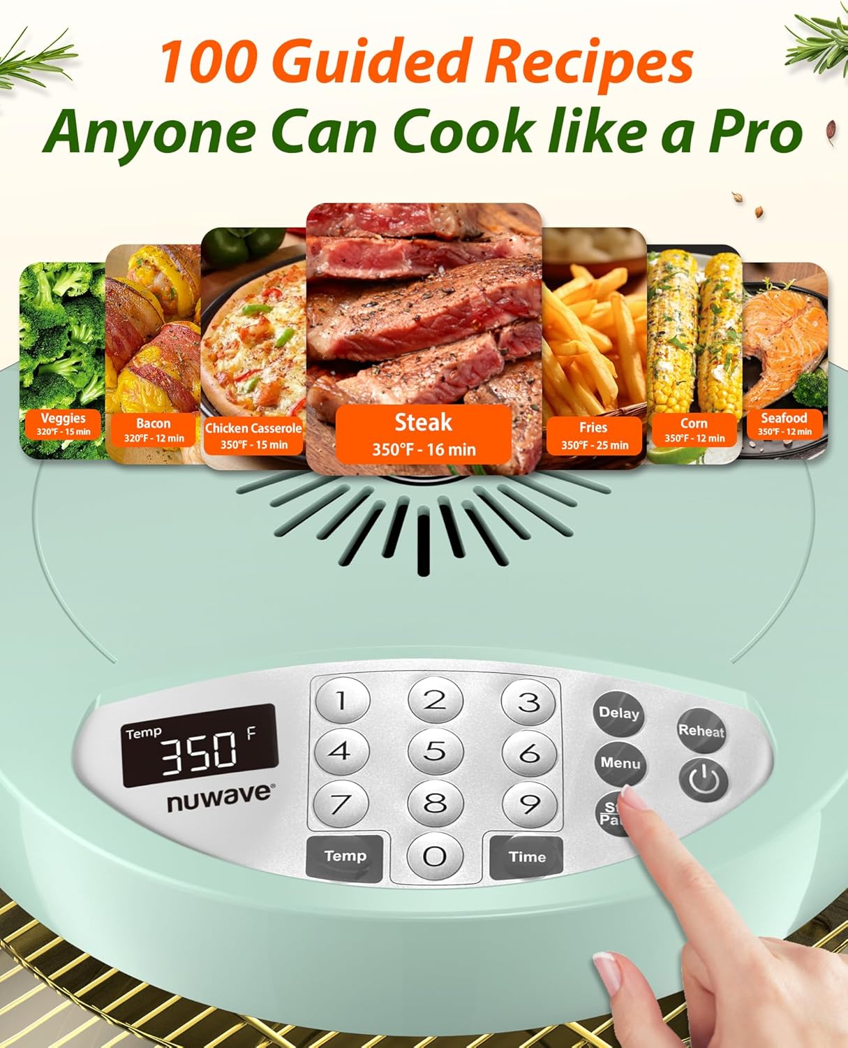 Nuwave Oven Pro Plus Air Fryer, Infra-Red Countertop, 2025 Advanced Convection, No Defrosting or Preheating, Cook Fresh or Frozen, Durable Power Dome, 100 Presets & 50 Memory, PFAS Free, Mint Green - Image 4