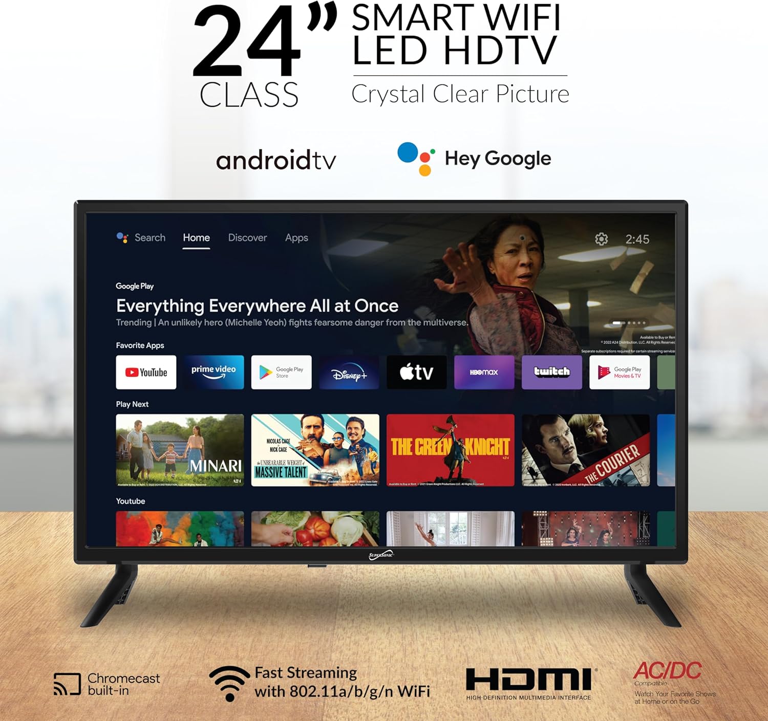 Supersonic SC-2450GTV-A 24-inch DLED Smart HDTV with Google Assistant, ATSC & NTSC System, HDMI USB Input, WiFi, 1080p Resolution, 16.7M Colors,60Hz Refresh Rate, Bluetooth, AC/DC Compatible - Image 2