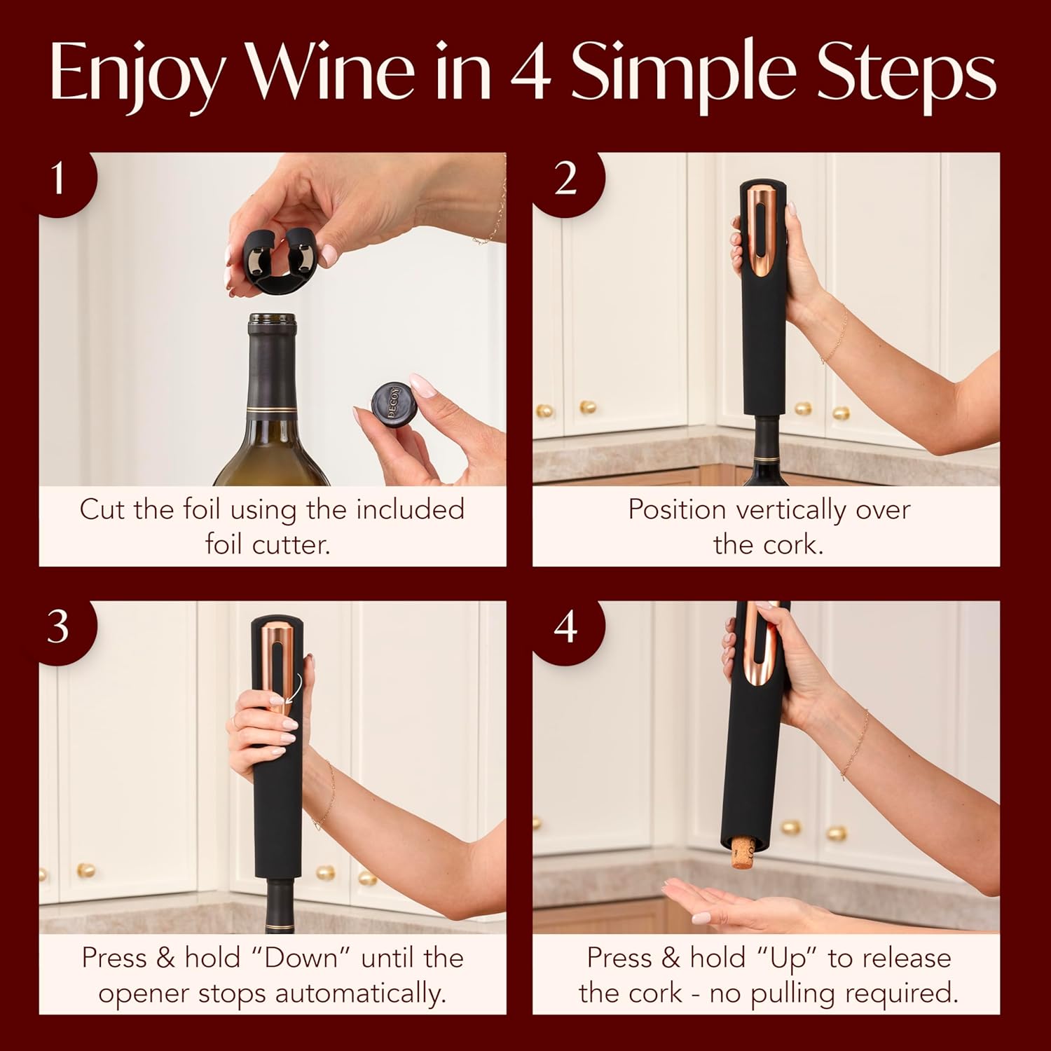 Rechargeable Electric Wine Bottle Opener - Charging Base and Foil Cutter Included with Automatic Wine Opener - Electric Corkscrew for Easy Cork Removal - Best Gift for Wine Lover (Black & Rose Gold) - Image 5