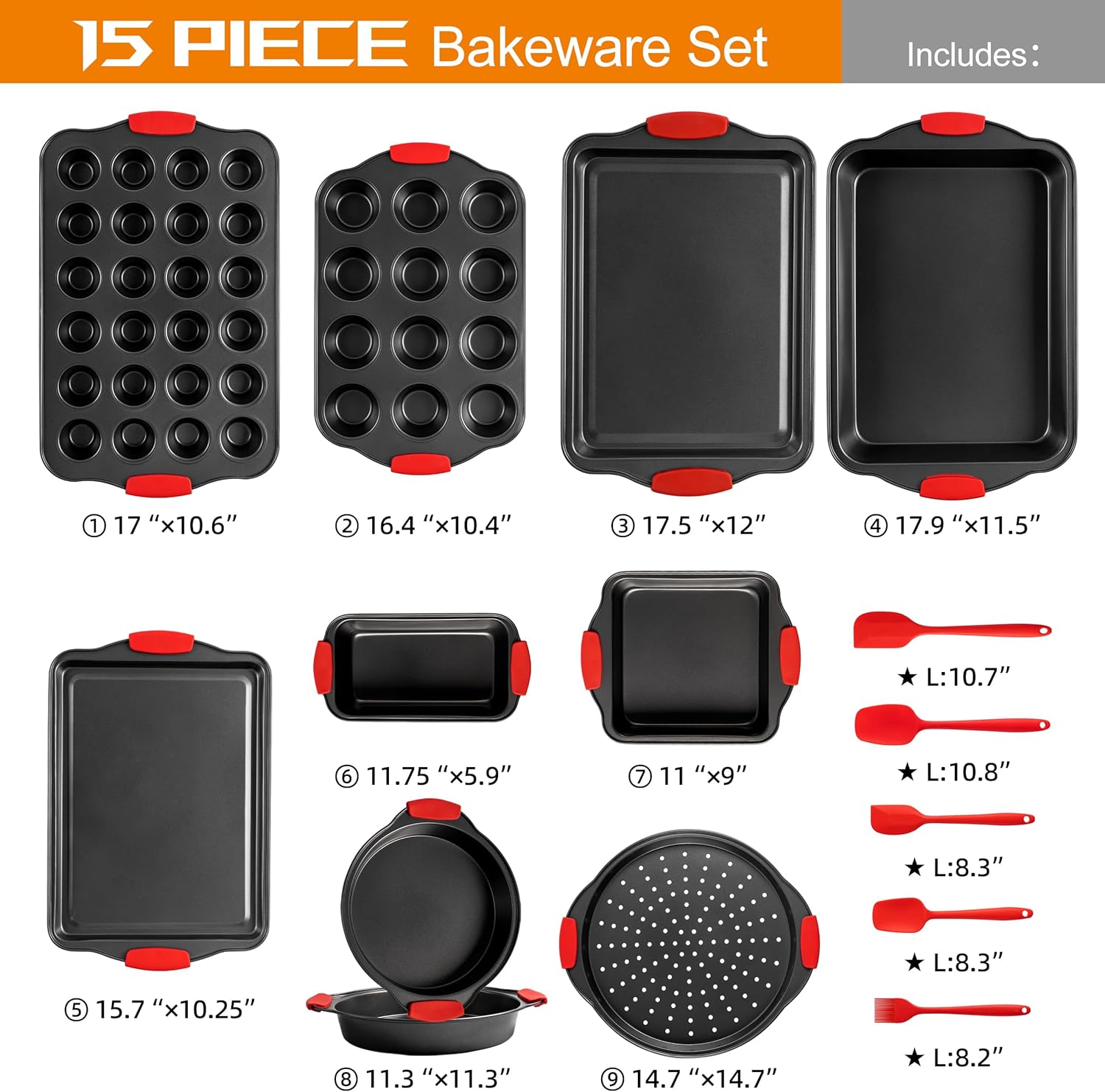 Baking Pans Set, 15 Piece Premium Baking Set, Nonstick Bakeware Sets BPA Free, Cookie Sheets for Baking Nonstick Set, Steel Baking Sheets for Oven with Muffin Pan, Cake Pan & Kitchen Utensils - Black - Image 2