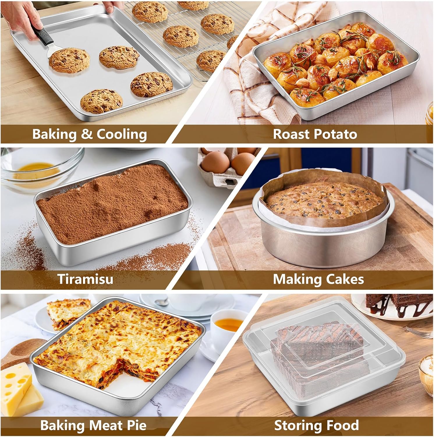 P&P CHEF Stainless Steel Bakeware Set, 12-Piece Kitchen Baking Pans Set, Baking Sheet with Rack, Square Cake Pan with Lid, Lasagna Pan, Loaf Pan, Muffin Pan, Pizza Tray & 2 Covers, Easily Clean - Image 5
