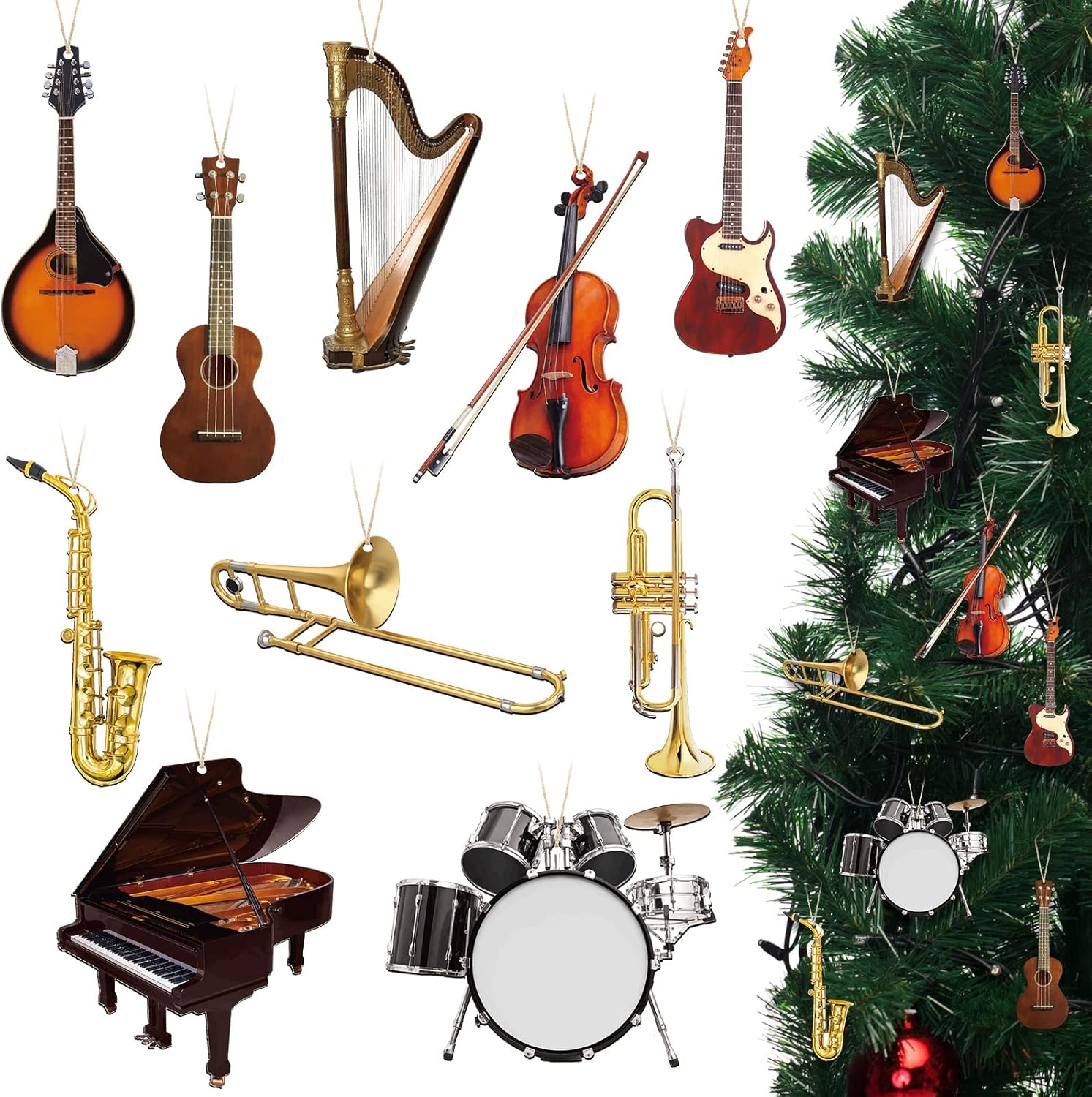Yalikop 30 Pcs Christmas Musical Instrument Wooden Ornaments Replica Instrument Christmas Ornament Piano Drum Harp Trombone Horn Violin Guitar Musical Ornaments for Xmas Tree Home Decor