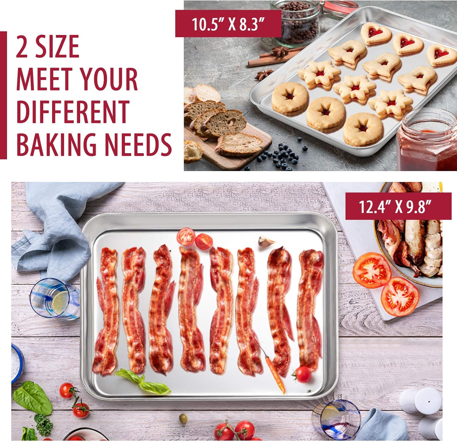 E-far 12-Piece Stainless Steel Bakeware Sets, Metal Baking Pan Set Include Round Cake Pans, Square/Rectangle Baking Pans with Lids, Cookie Sheet, Loaf/Muffin/Pizza Pan, Non-toxic & Dishwasher Safe - Image 6