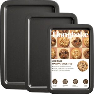 HONGBAKE Ceramic Baking Sheet Pan Set, Cookie Sheet for Oven, Bakeware Sets with Wider Grips, 3 Pack Half/Jelly Roll/Quarter Baking Tray, Premium, Dishwasher Safe – Dark Grey