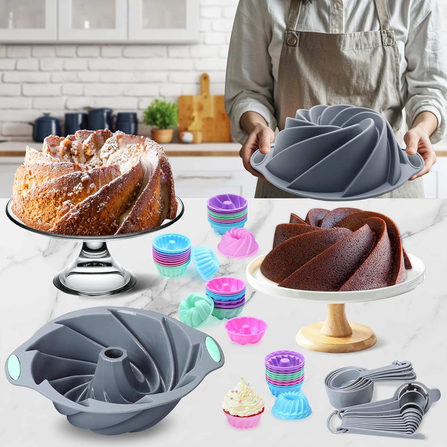 Tongjude 72 Pieces Silicone Bakeware Set, Nonstick Baking Pans Set, Easy Release Oven Silicone Pan for Kitchen with Cake Pans, Loaf Pans, Baking Cups, Measuring Cups and Spoons Set, Grey - Image 2