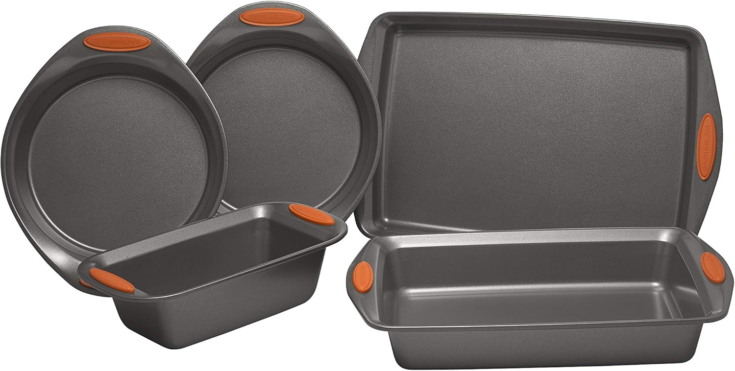 Rachael Ray 55673 Nonstick Bakeware Set with Grips includes Nonstick Bread Pan, Baking Pans and Cake Pans - 5 Piece, Gray with Orange Grips - Image 4