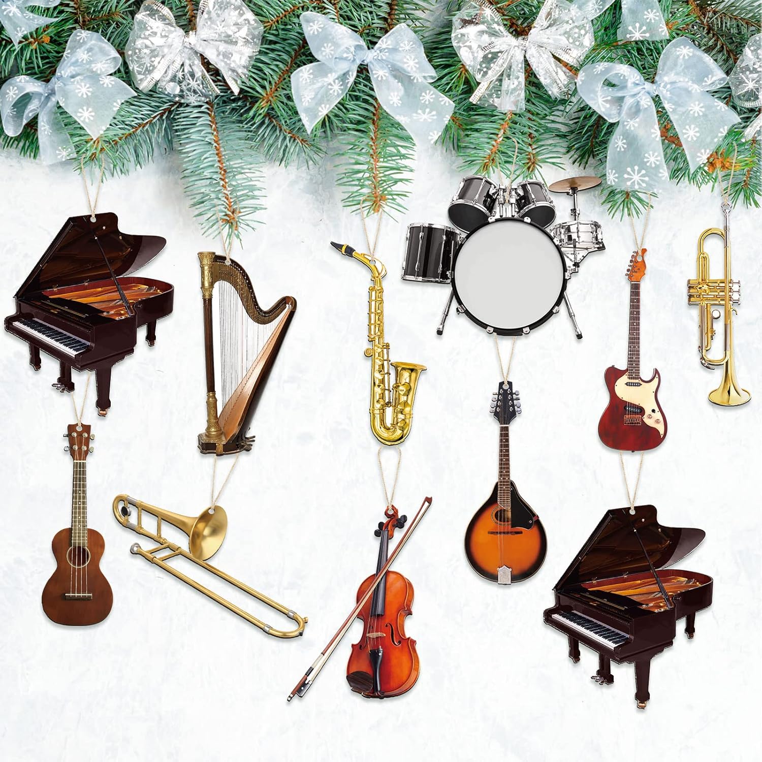 Yalikop 30 Pcs Christmas Musical Instrument Wooden Ornaments Replica Instrument Christmas Ornament Piano Drum Harp Trombone Horn Violin Guitar Musical Ornaments for Xmas Tree Home Decor - Image 5