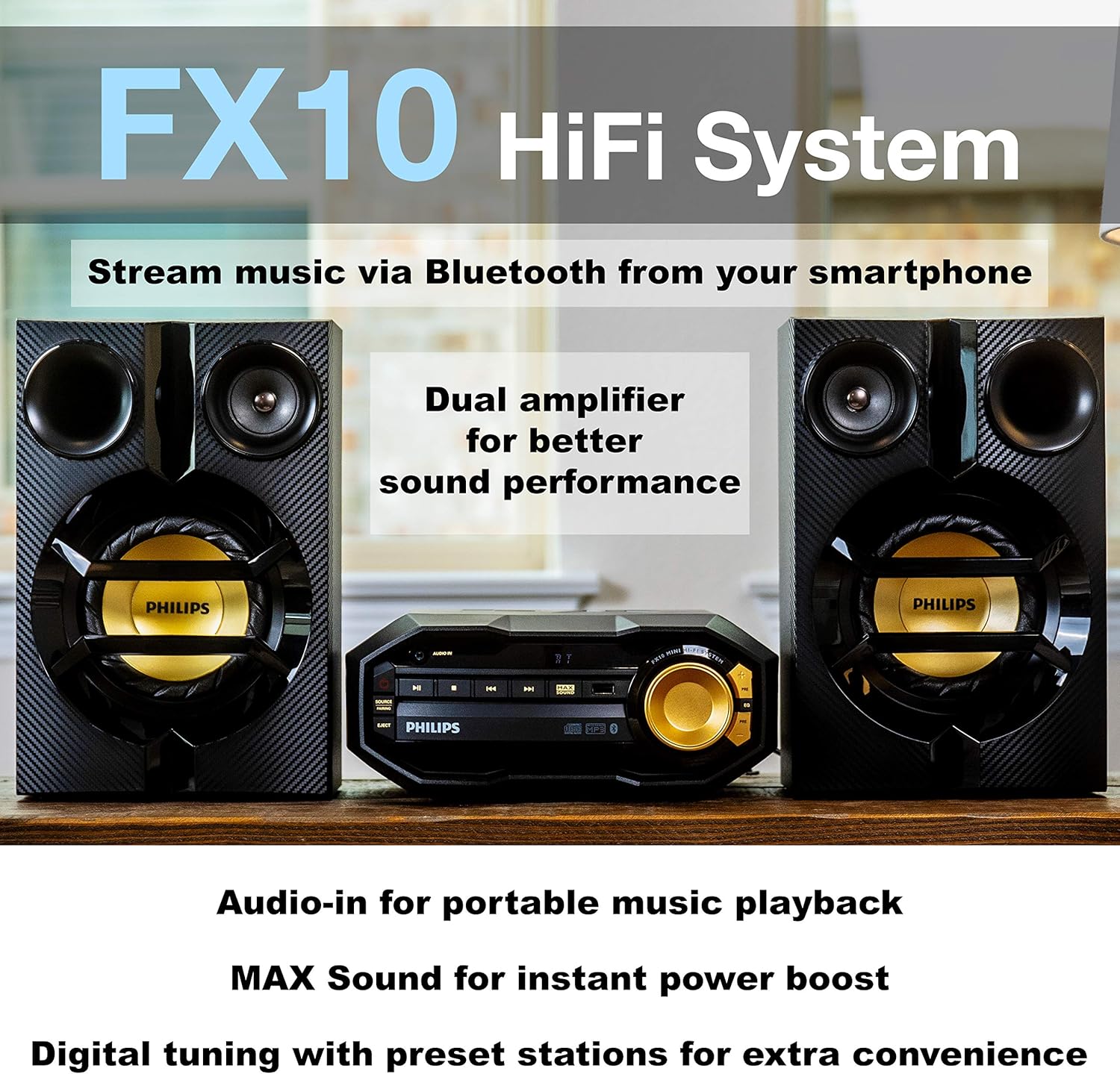 PHILIPS FX10 Bluetooth Stereo System for Home with CD Player , MP3, USB, FM Radio, Bass Reflex Speaker, 230 W, Remote Control Included - Image 3