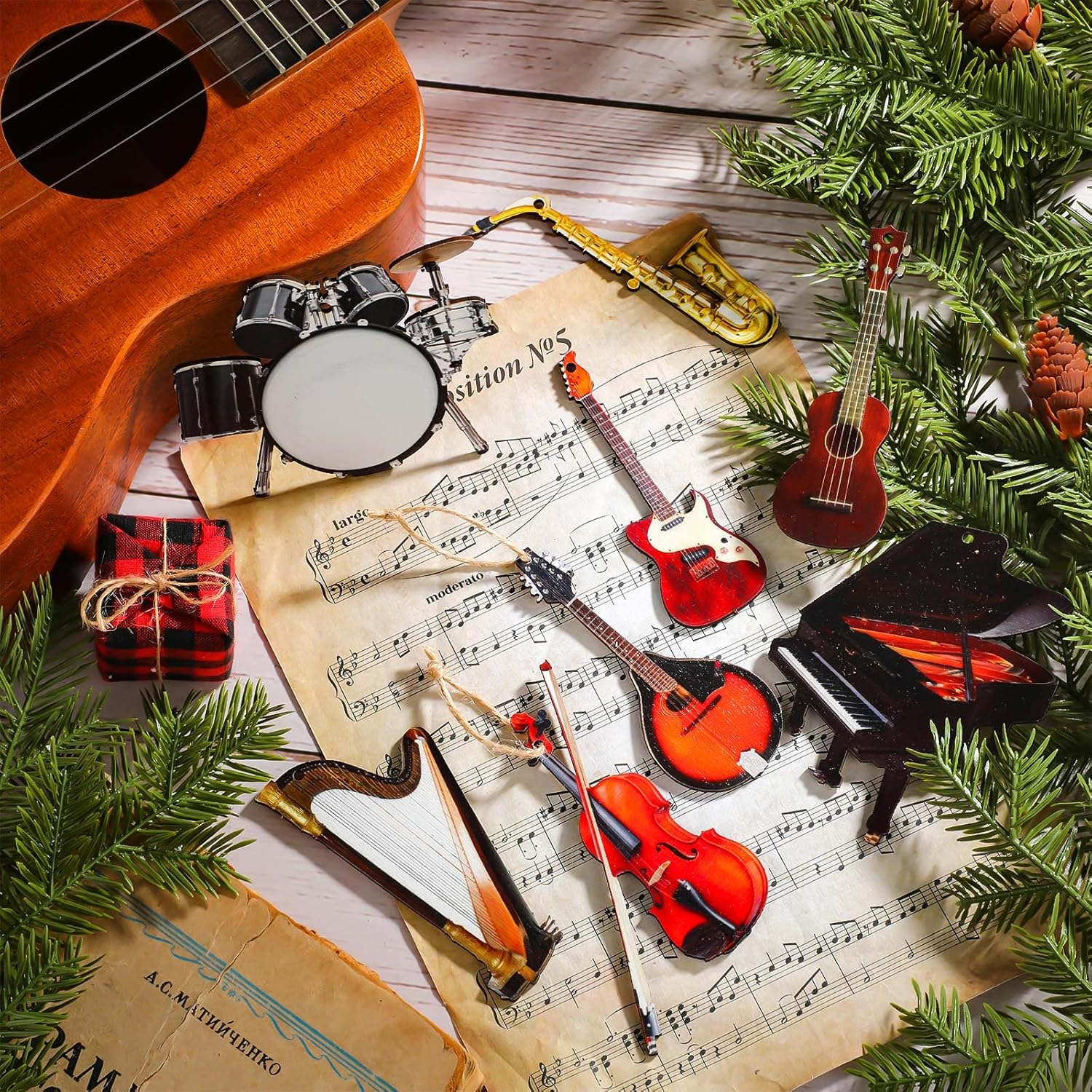 Yalikop 30 Pcs Christmas Musical Instrument Wooden Ornaments Replica Instrument Christmas Ornament Piano Drum Harp Trombone Horn Violin Guitar Musical Ornaments for Xmas Tree Home Decor - Image 2