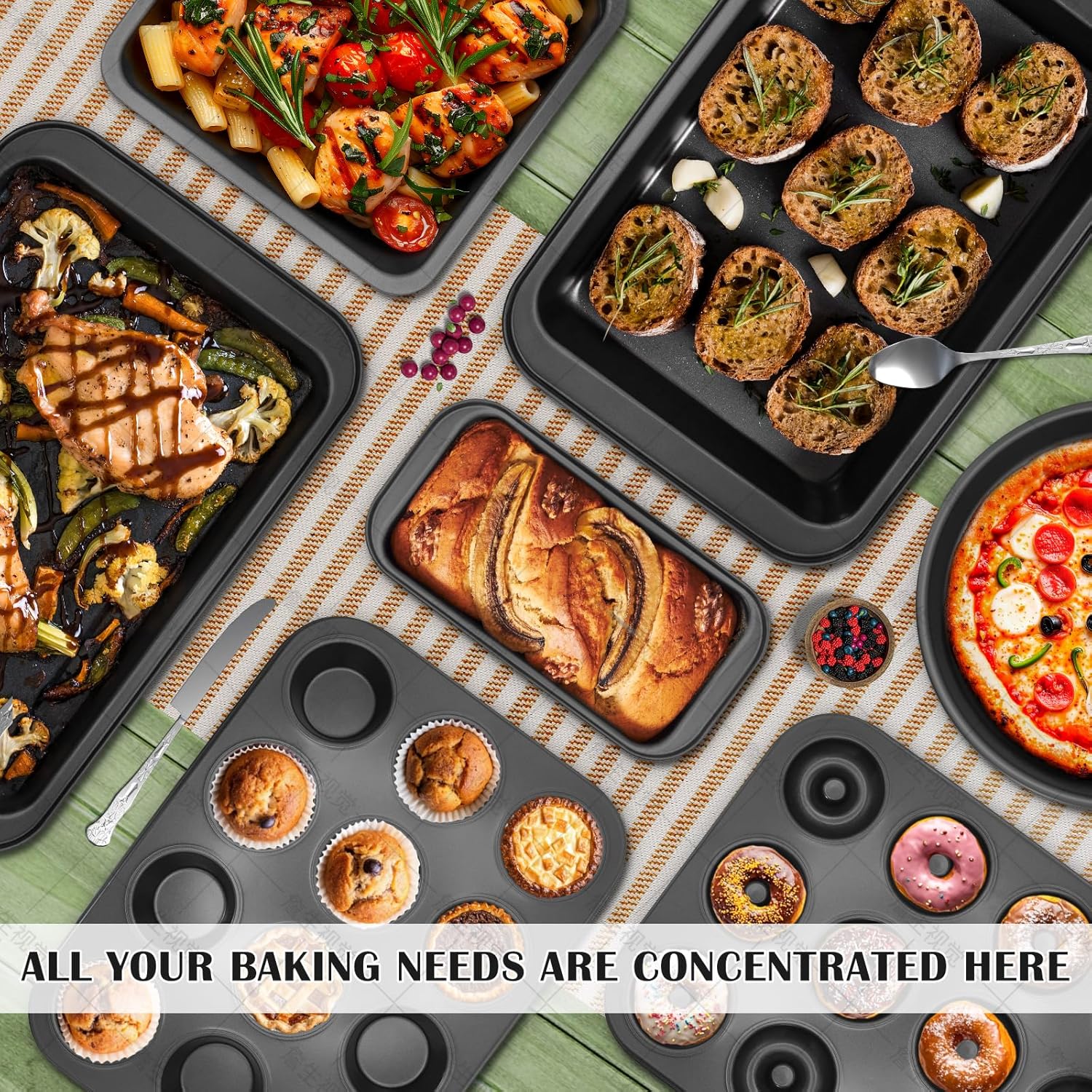 Bakeware Sets, Nonstick Baking Pans Set 8 Piece Including Donut Pan,2 Round Cake Pan, Square Cake Pan, Loaf Pan, Muffin Pan, Cookie Sheet, Roast Pan, Carbon Steel Bake Set (black) - Image 6