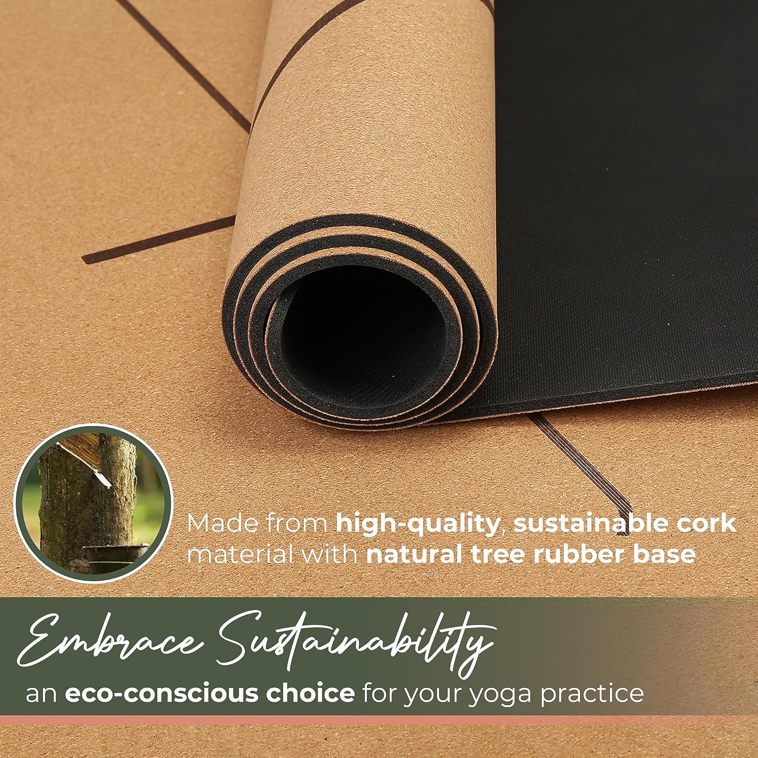 Premium Yoga Cork Mat | 5mm Thick Natural Tree Rubber Base and Bigger Mat for Extra Support, Alignment lines for Guidance | Non-Slip, Natural & Eco-friendly, Your Ultimate Eco-Friendly Yoga Companion - Image 3
