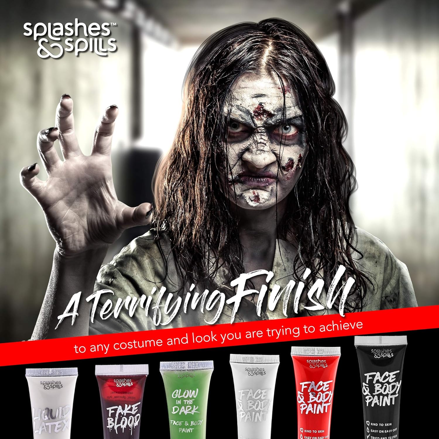 Splashes & Spills Horror FX Makeup Kit - 9 Piece Set, Halloween SFX Makeup, Face & Body Paint Perfect For Vampire, Zombie, or Ghost Looks, Includes 6 Colors Sponge, Brush, and Tutorial Guide - Image 6