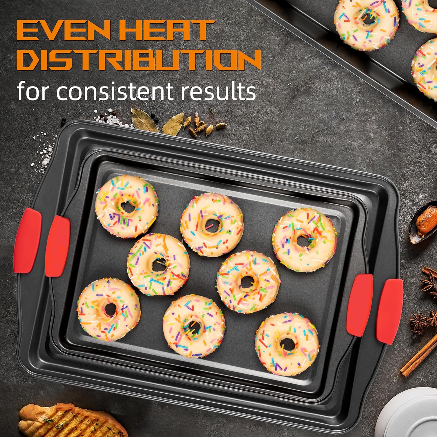 Baking Pans Set, 15 Piece Premium Baking Set, Nonstick Bakeware Sets BPA Free, Cookie Sheets for Baking Nonstick Set, Steel Baking Sheets for Oven with Muffin Pan, Cake Pan & Kitchen Utensils - Black - Image 5