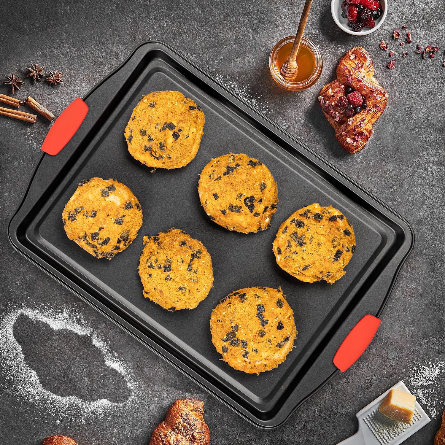 Baking Pans Set, 15 Piece Premium Baking Set, Nonstick Bakeware Sets BPA Free, Cookie Sheets for Baking Nonstick Set, Steel Baking Sheets for Oven with Muffin Pan, Cake Pan & Kitchen Utensils - Black - Image 7