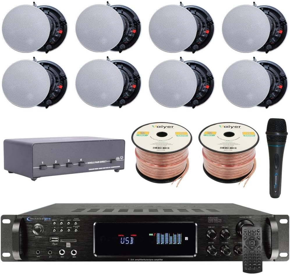 Vaiyer Home Theater System Kit - 7.2 Channel 4500 Watts Bluetooth Amplifier w/ 8 Qty of 6.5" Frameless Ceiling Speakers 200W Each, 4-Ch Speaker Selector, Mic, 16 AWG 500 ft Speaker Wire & Remote