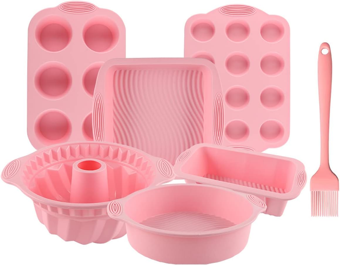 Nonstick Silicone Bakeware Set, 7pcs Baking Cake Pan, Economical BPA Free Heat Resistant Bakeware Suppliers Tools Kit with Silicone Brush for DIY Loaf Bread Cheesecake Pizza Cupcake Muffin