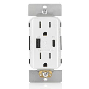 Leviton 60W (20V@2.5A+ 5V@2A) USB Dual Type A/Type-C Power Delivery in-Wall Charger with 15A Tamper-Resistant Outlet, USB Charger for Smartphones, Tablets, Laptops, T5634-W, White