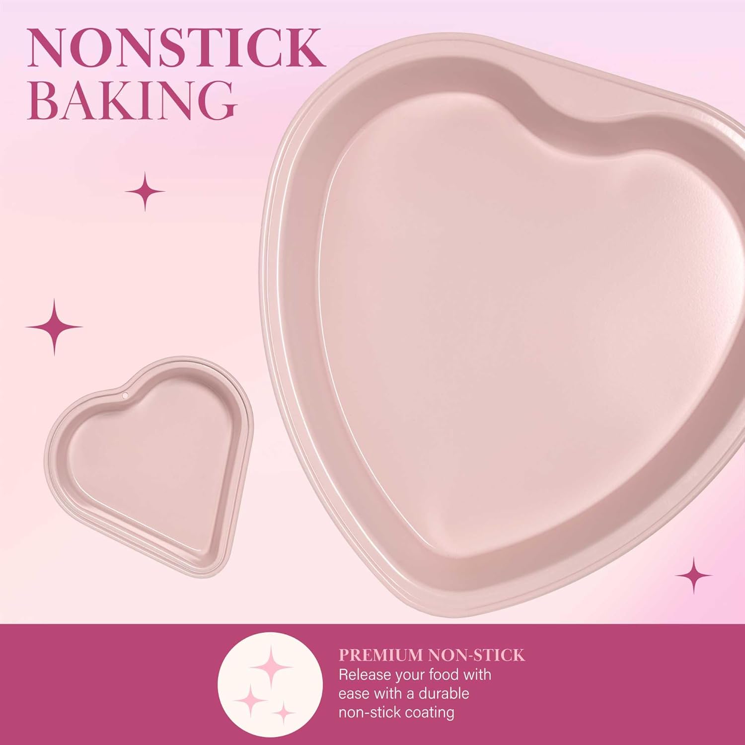 Paris Hilton Heart Shaped Nonstick Bakeware Set, Easy Release Carbon Steel, Includes two 9.5-Inch Pans and four Mini 3.5-Inch Pans, Dishwasher Safe, Made without PFAS or PFOA, 6-Piece Set, Pink - Image 4