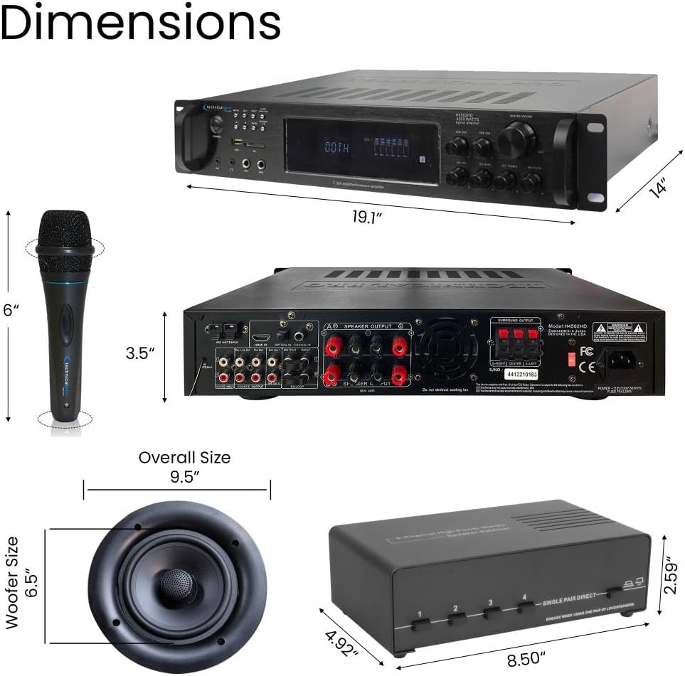 Vaiyer Home Theater System Kit - 7.2 Channel 4500 Watts Bluetooth Amplifier w/ 8 Qty of 6.5" Frameless Ceiling Speakers 200W Each, 4-Ch Speaker Selector, Mic, 16 AWG 500 ft Speaker Wire & Remote - Image 2