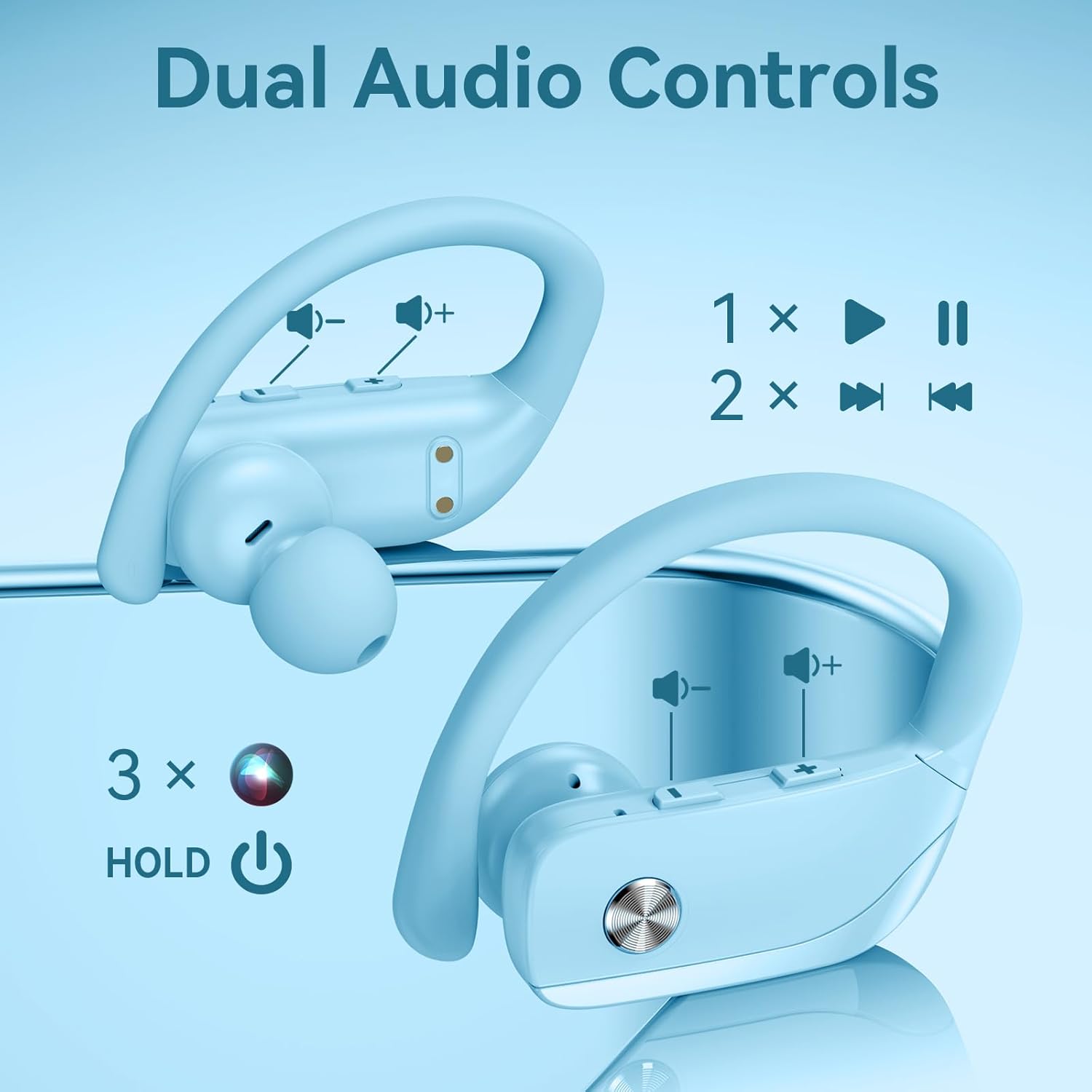 bmani Ear Buds Wireless Earbuds Bluetooth Headphones with 80H Playtime LED Display Case, Over-Ear Hook with Mic, Stereo Sound, Easy Button Controls, Sports Earphones for Running Workout Sky Blue - Image 4