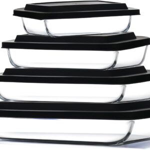 Eatex 8-Piece Deep Glass Casserole Dishes for Oven with Plastic Lids, Glass Baking Dishes for Oven, Rectangular Bakeware for Lasagna, Cooking, Leftovers, Kitchen, Freezer to Oven Dishwasher Safe