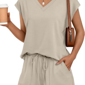 AUTOMET 2 Piece V Neck Cap Sleeve Shirt and Shorts Set Womens Matching Summer Lounge Sets