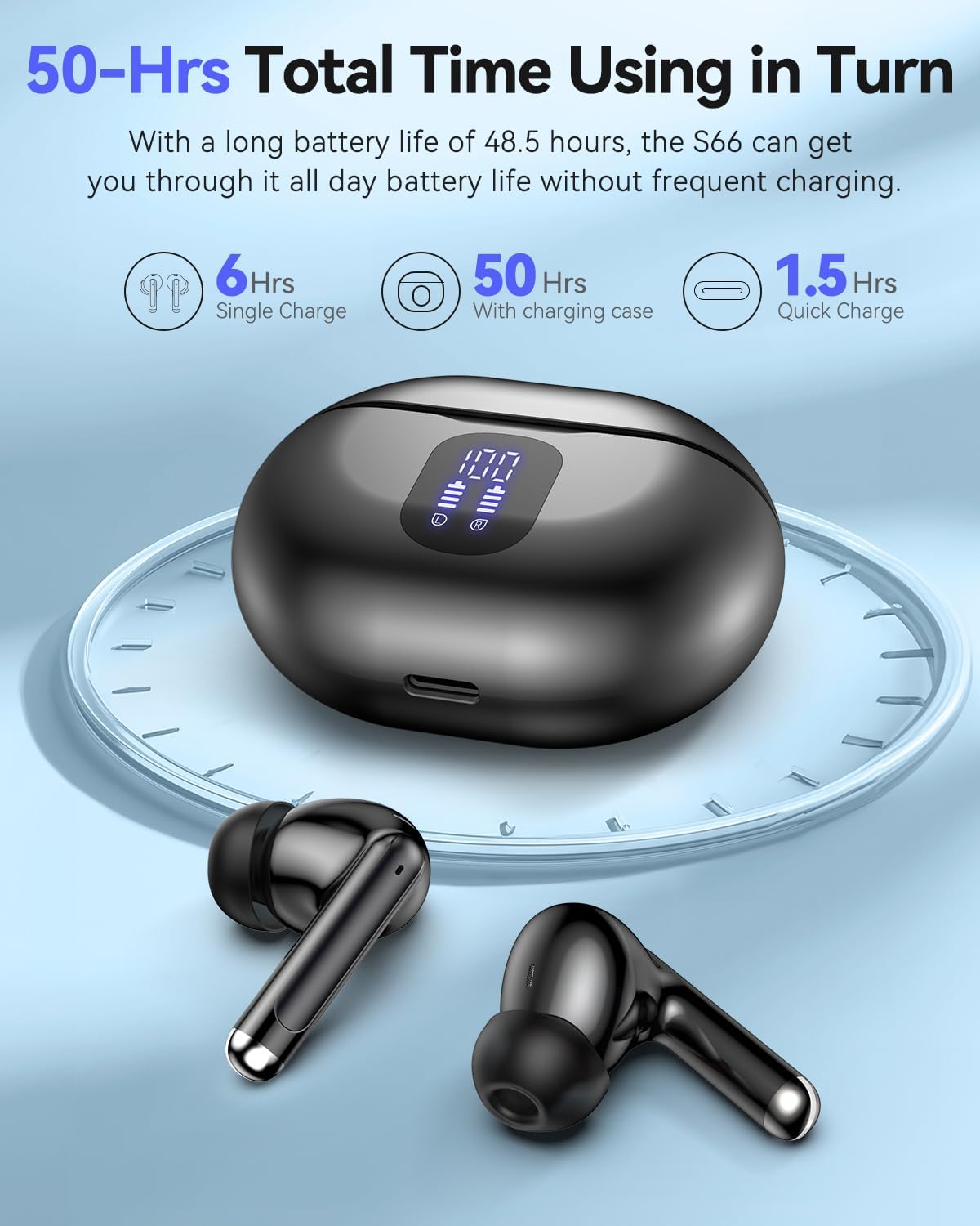 Bluetooth Headphones True Wireless Earbuds 50H Playback LED Power Display Earphones with Charging Case IPX7 Waterproof in-Ear Ear Buds with Mic for Smart Phone Computer Sports, Black - Image 4