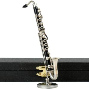 Miniature Bass Clarinet with Stand and Case Mini Musical Instrument Bass Clarinet Replica Collectible Figurines Dollhouse Accessories Model Home Decoration Display Ornament (5.12″)