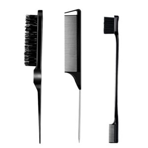 3 Pieces Hair Styling Comb Set Teasing Brush Rat Tail Comb Edge Brush for Edge&Back Brushing, Combing, Slicking Hair for Women (Black)
