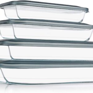 KOMUEE 8 Pieces Glass Baking Dish with Lids Rectangular Glass Baking Pan Bakeware Set with Lids, Baking Pans for Lasagna, Leftovers, Cooking, Kitchen, Fridge-to-Oven, Gray