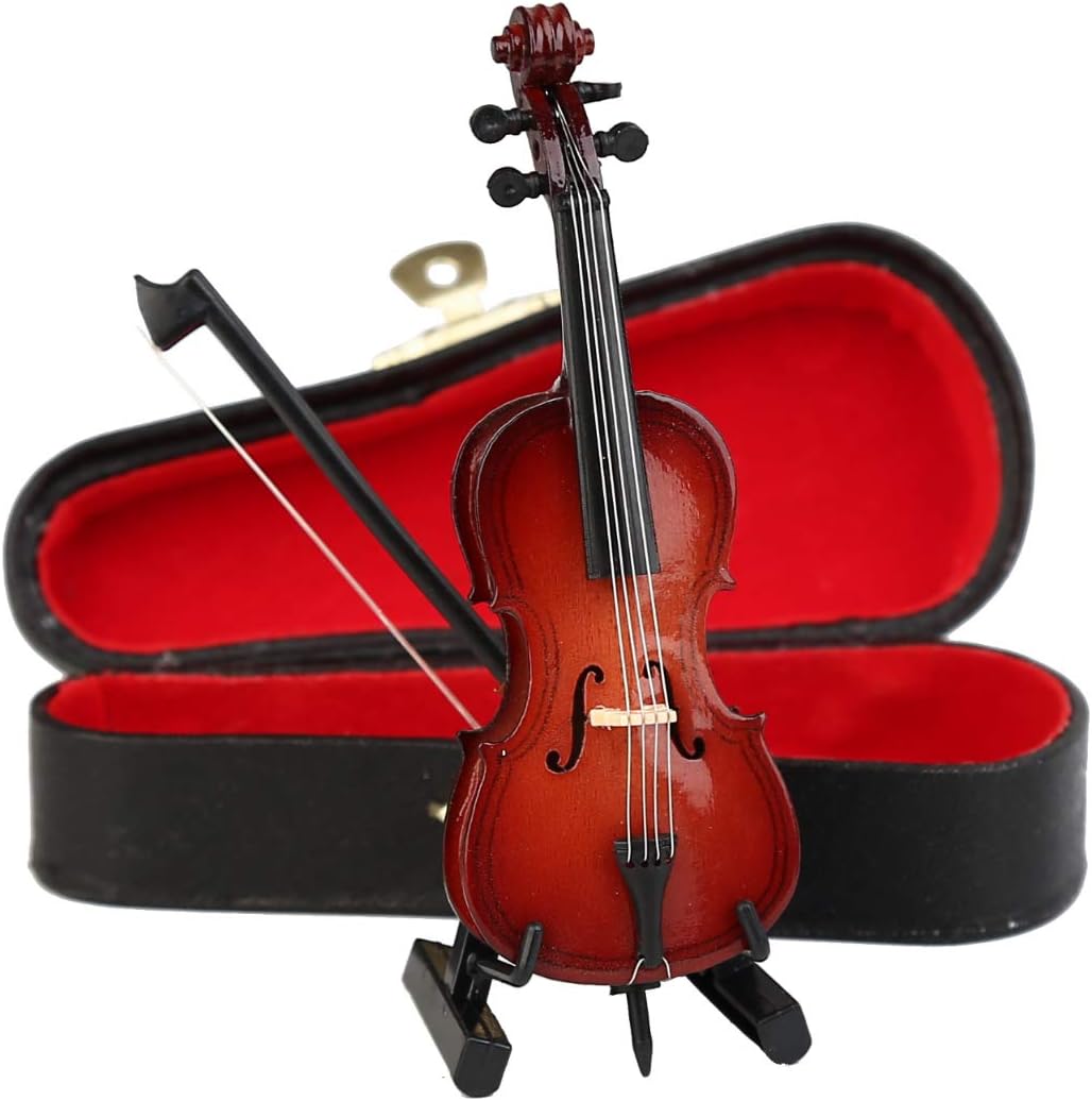 Wooden Miniature Cello with Stand, Bow and Case Mini Musical Instrument Cello Replica Collectible Figurines Dollhouse Accessories Model Home Decoration Display Ornament (3.94"x1.38"x0.43") - Image 5