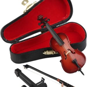 Wooden Miniature Cello with Stand, Bow and Case Mini Musical Instrument Cello Replica Collectible Figurines Dollhouse Accessories Model Home Decoration Display Ornament (3.94″x1.38″x0.43″)
