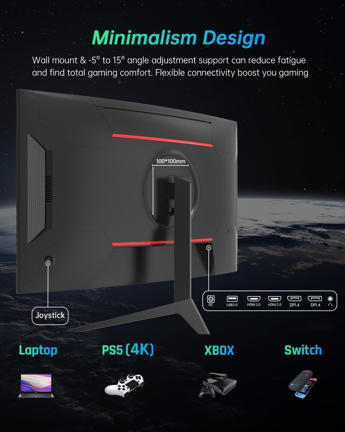 KTC 27 inch Gaming Monitor, 1440P Curved Monitor, 180Hz, 144Hz, 2K, 1500R, 1ms, FreeSync/G-Sync Compatible, DisplayPort/HDMI/USB, Ultrawide PC Vesa/Wall Mount Computer Monitor, H27S17 - Image 6