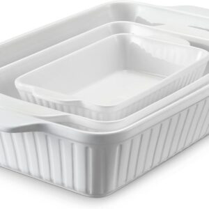 DOWAN Casserole Dishes for Oven, Baking Dishes Set, Ceramic Bakeware Sets of 3, Lasagna Pan Deep, Rectangular Baking Pan Set with Handles for Baking, Casserole, Kitchen, Wedding Gift, Soft White (15.6”/12.2”/8.9”)