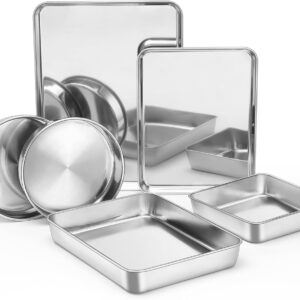 E-far Stainless Steel Baking Pan Set, 6-Piece Metal Bakeware Sets Include Cookie Sheet, Round Square Rectangle Cake Pans, Non-toxic & Dishwasher Safe